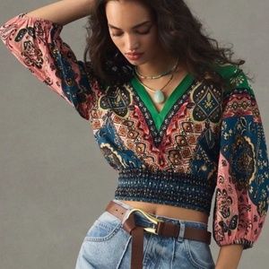 Farm Rio for Anthropologie Deep-V Puff-Sleeve Top, Size XS, NWT
